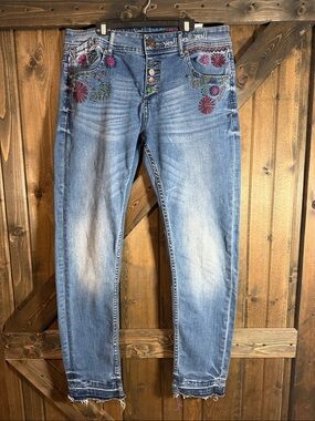 Desigual Blue Skinny Jeans with Colorful Floral Embroidery